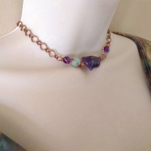 Huge Amethyst + Agate + Amazonite Beads & Copper! Handmade Asymmetrical Choker! - Picture 1 of 11